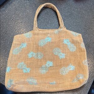 Tropical Tan/Burlap Fabric and Teal Pineapple Tote Bag